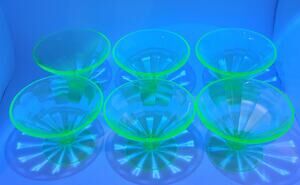 6 Federal Uranium Glass Sherbet Dessert Cups F Shield 3.75" UV Reactive